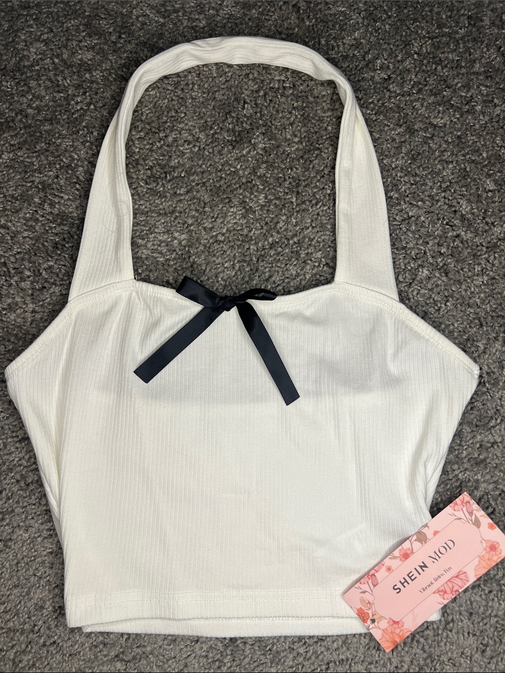 SHEIN White Ribbed Halter Crop Top with Black Ribbon